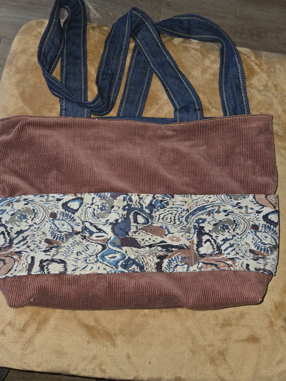 Corduroy and Pattern Accent Tote Bag in Brown and Blue
